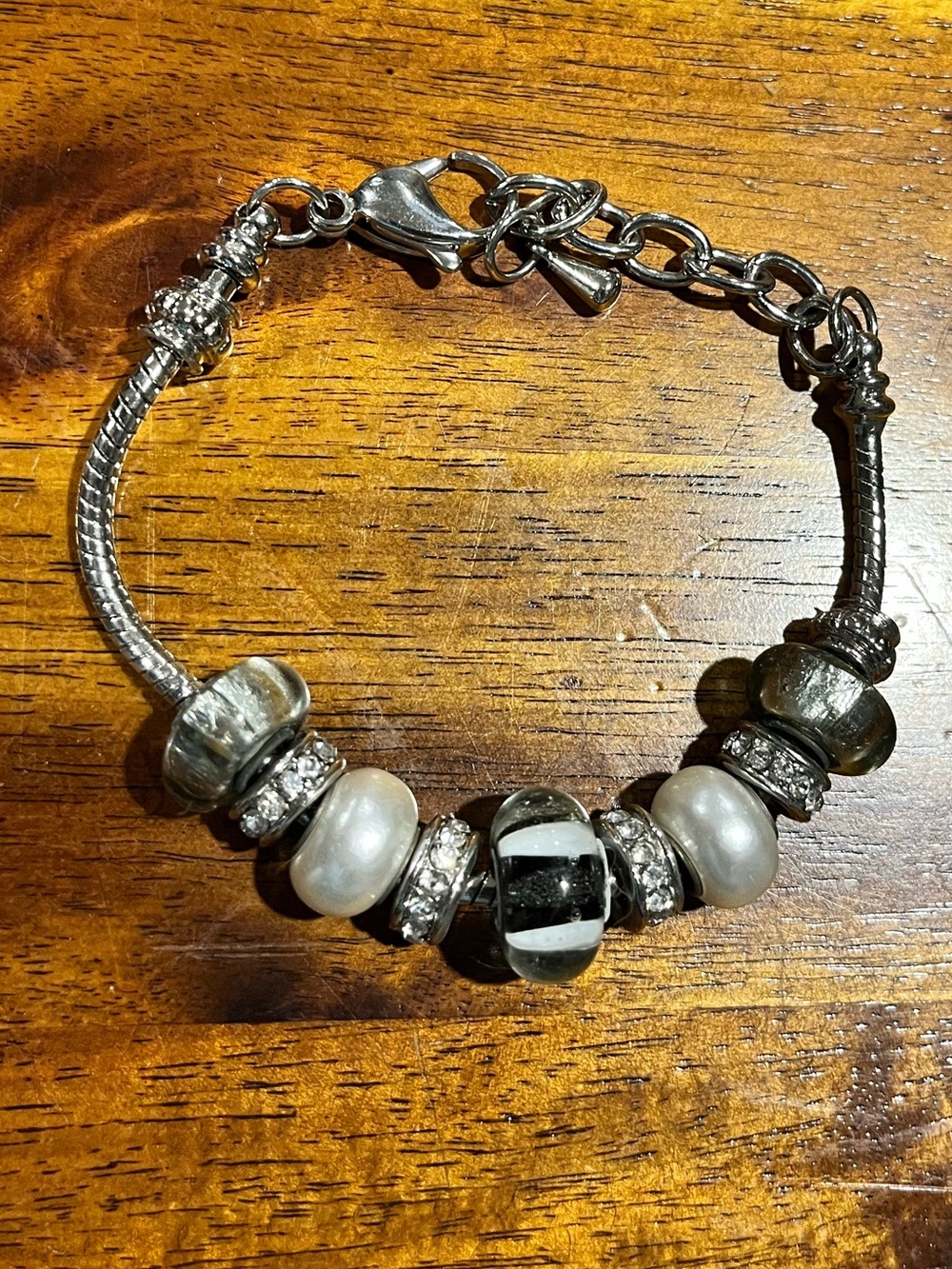 Sterling-Style Silver Beaded Charm Bracelet with Black and White Beads